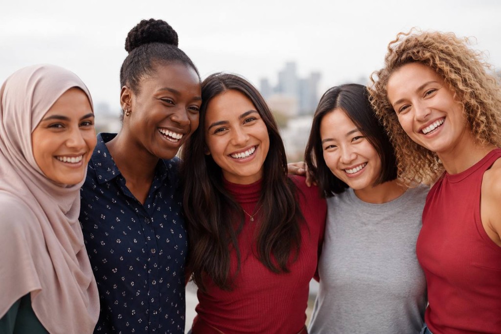 Diverse group of women standing together, smiling with a city skyline behind them